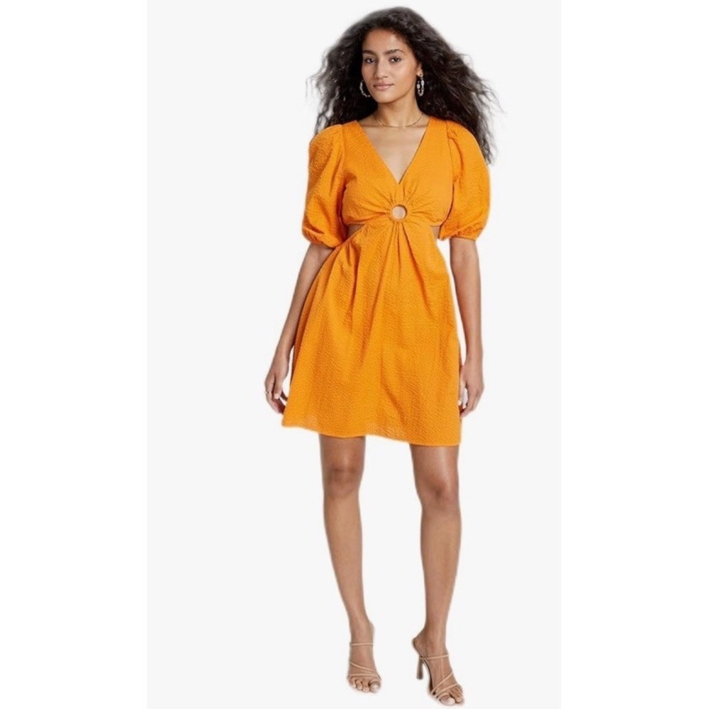 Textured Orange Mini Dress with Ring Front